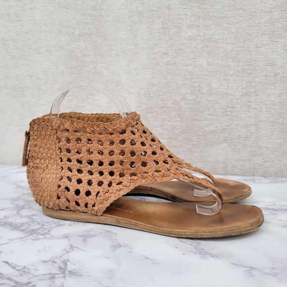Tapeet by Vicini Vintage Women's Tan Italian Leather Woven Gladiator Sandals - Picture 1 of 11